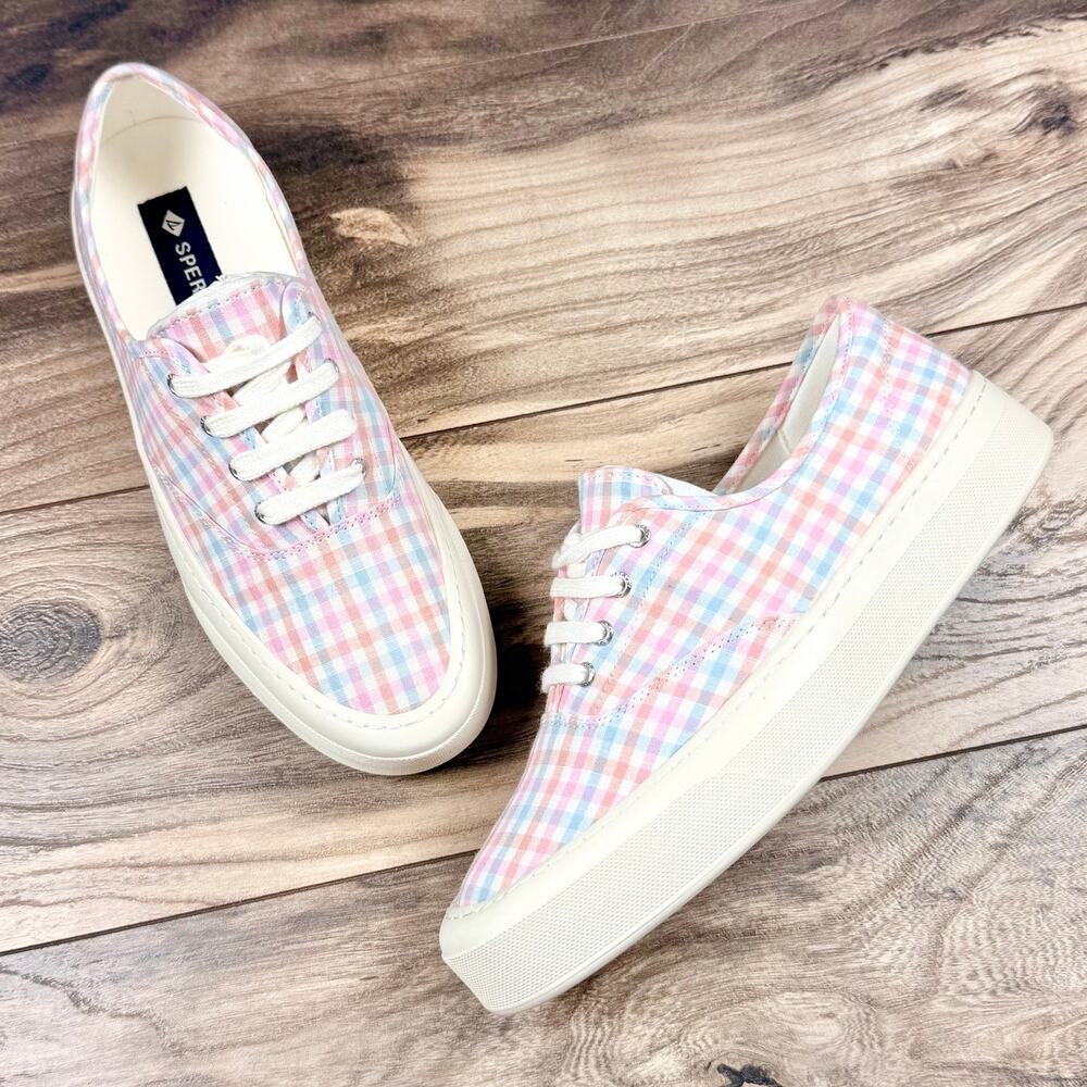 NIB Sperry Candy CVO Lace Up Preppy Sneakers Pink Blue Gingham Checkered 8M